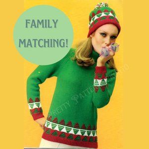 Knitting Pattern 1960s Christmas Tree Sweater Family Matching Pom Pom Hat Scarf